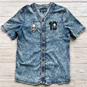Retro District Mens Blue Mr‎ Skull Baseball Short Sleeve Button Up Shirt Size XL